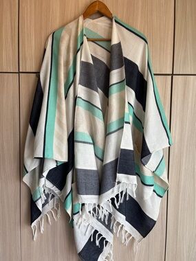 Harve Benard Striped Fringe Poncho - Navy & White